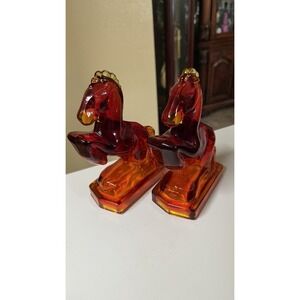 Vintage L.E. Smith Rearing Horse‎ Glass Bookends Pair Red/Amberina
